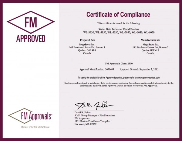 Certificat FM Approved pour les barrages autobloquants Water-Gate© Classe 2510