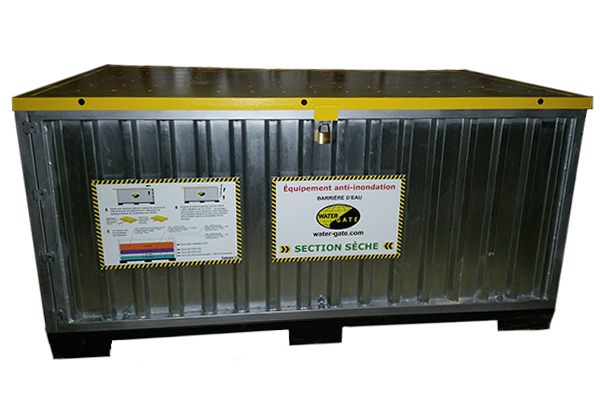 Container métal pour conditionnement des barrages souples anti pollution Water-Gate© protection inondation container
