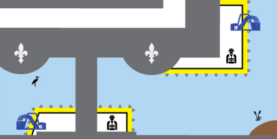 Batardeaux souples Water-Gate©. Schéma d'une installation en U | Installations Douves et Plans d'eau. Cas #7